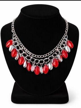 Silver Chain Statement Necklace with Red and Silver Drops